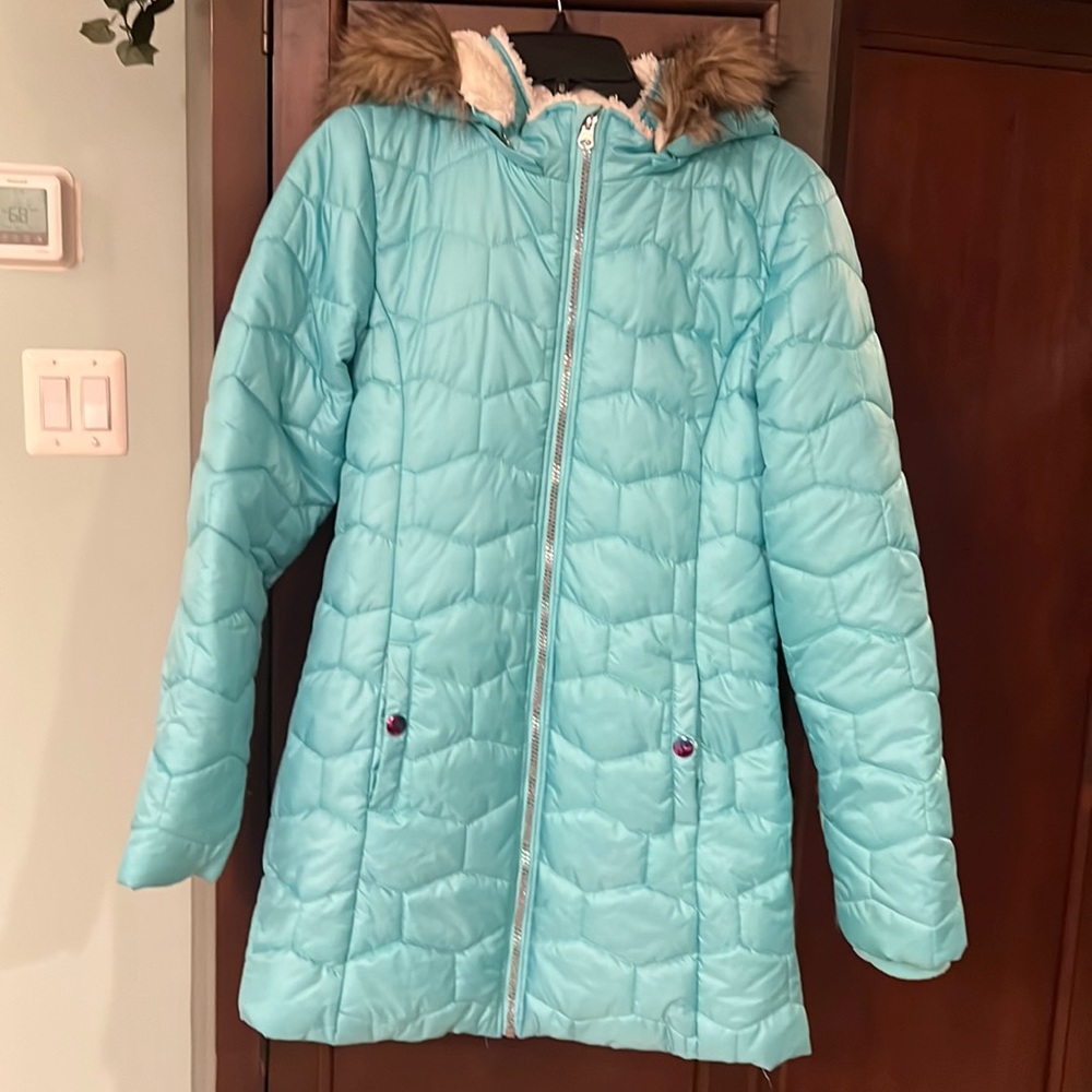 Cat & Jack Light Blue Puffer Jacket with Faux Fur Hood